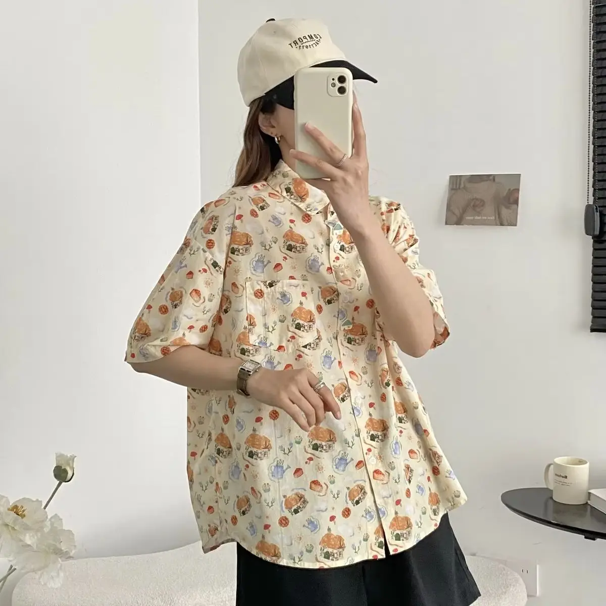 Japanese 2000s style y2k shirts and blouses for women harajuku fashion short sleeve cartoon print blouse cotton summer clothes