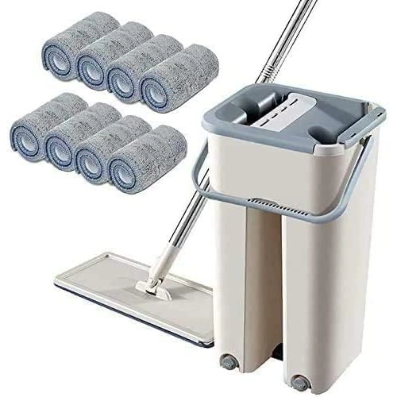 2-in-1 Floor Mop Set, 360 Degree Rotation Telescopic Handle, Self Cleaning Flat Mop with 10 Microfibre Pads and Cleaning Bucket