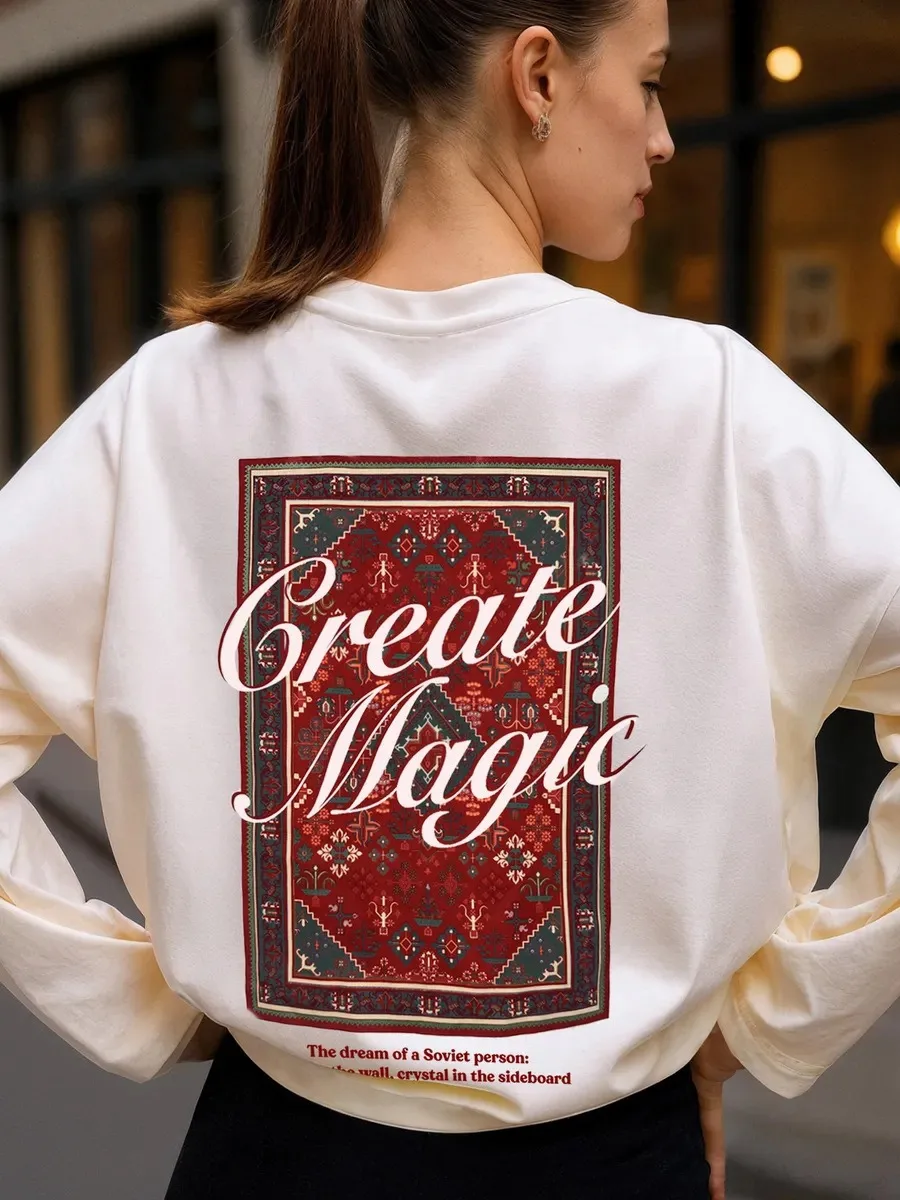 Women Autumn 100% Cotton Long Sleeve T Shirt Create Magic Vintage Persian Rug Print American Style Loose Casual Basic Daily Top