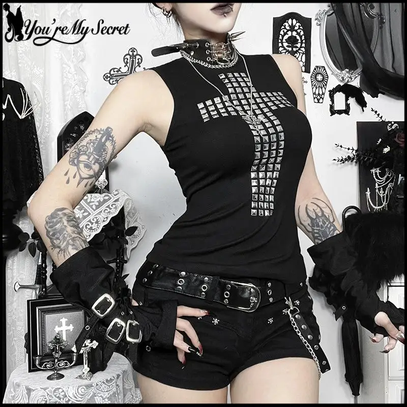 [You're My Secret] Gothic-Style Cross Rhinestone T-Shirt Sexy Hollow Out O Neck Sleeveless Vest Punk Slim Fit Top 2026 Summer