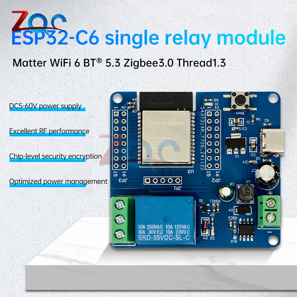 Single Channel Relay Module Esp32-C6 Wifi Bluetooth Development Board Module DC 5-60V Type C Power Supply For Smart Home Devices