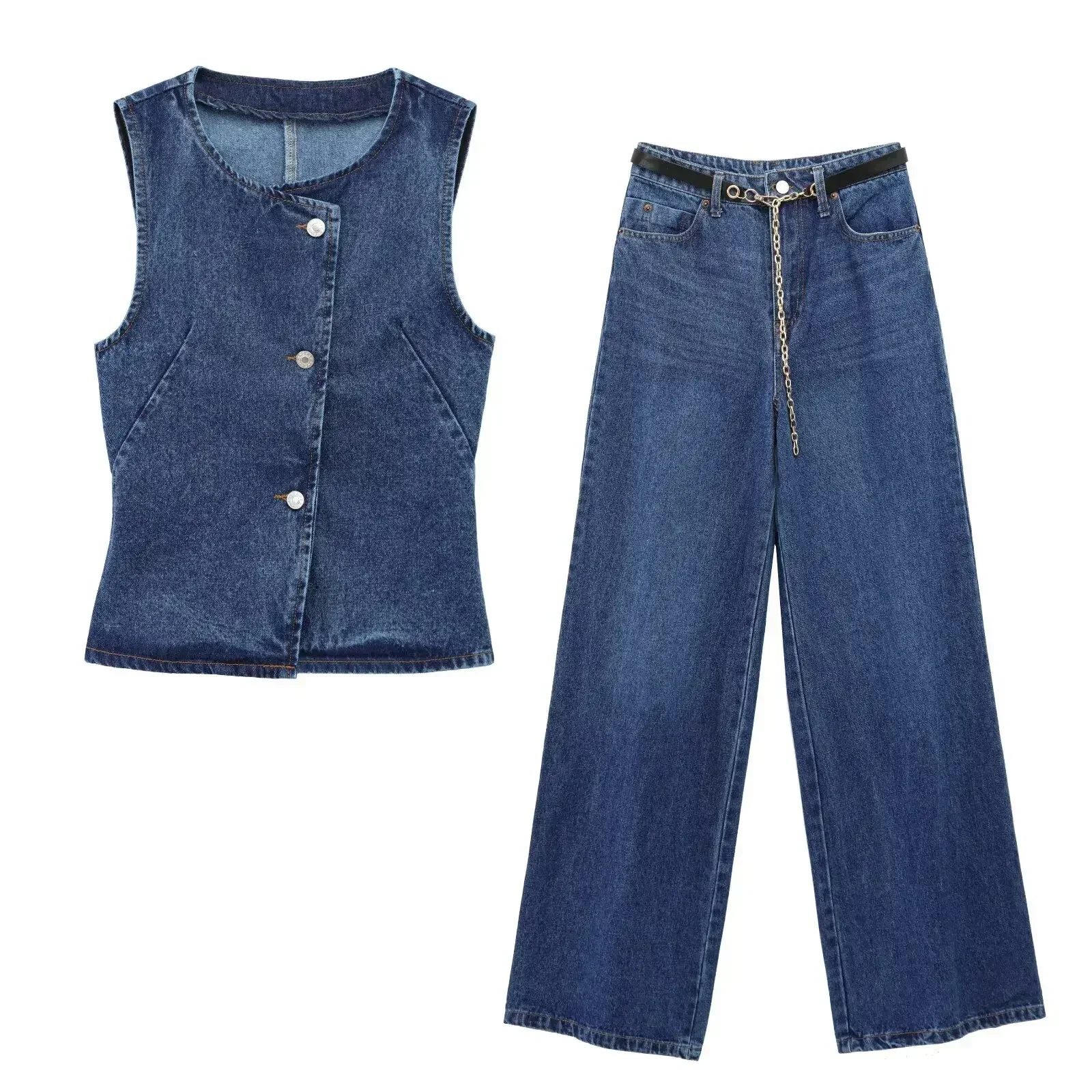 

2 Piece Women Denim Vest Jeans Suit Sleeveless Waistcoat Single Breasted Round Collar Wide Leg Pants Outfits Vintage Ensemble