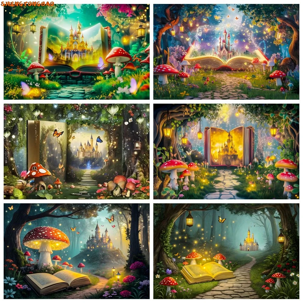 

Dreamy Forest Magic Book Backdrop Photography Butterfly Green Plants Princess Birthday Wedding Party Decor Photocall Background