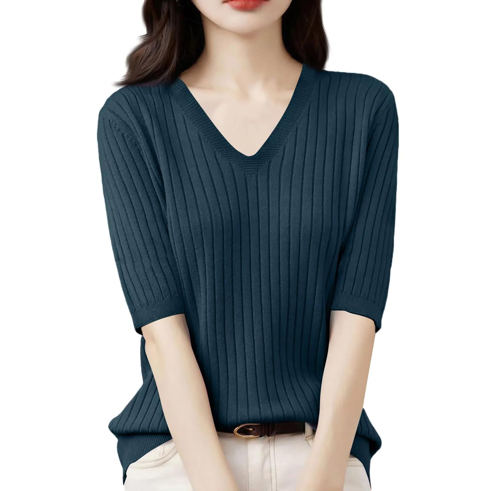 Luźny, oddychający sweter z dzianiny, bluzka z dekoltem w serek, pulower z krótkim rękawem, jednolity kolor, wygodny top na co dzień dla kobiet.