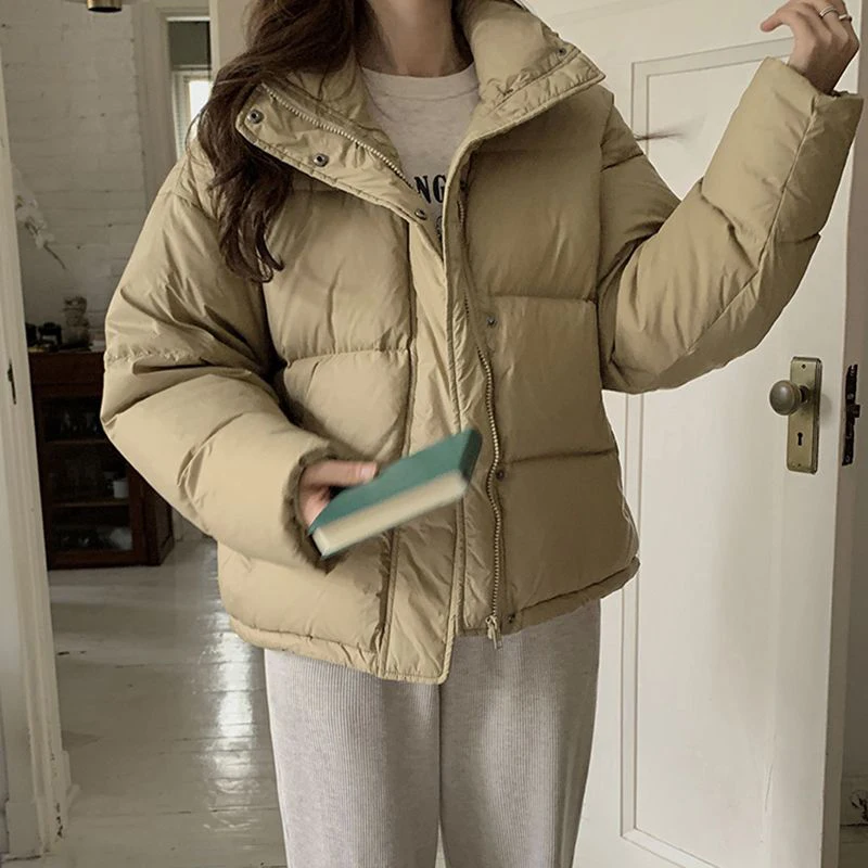 Parkas curtas grossas e quentes para mulheres, jaqueta acolchoada de algodão, moda de escritório puffer stand streetwear, casaco de gola alta, moda coreana, inverno