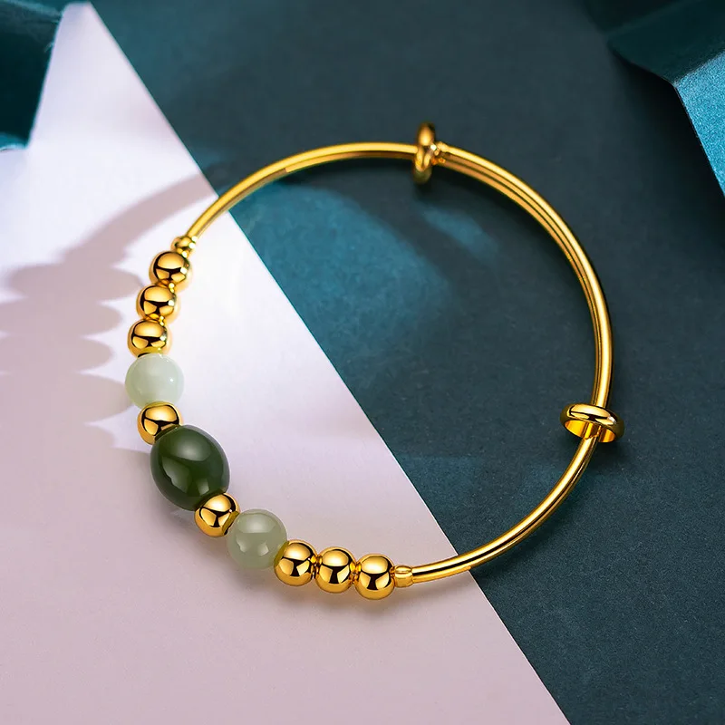 

24K real gold Gentle and intellectual sister style au9999 Gold push La agate stone bracelet fashion round bead bracelet