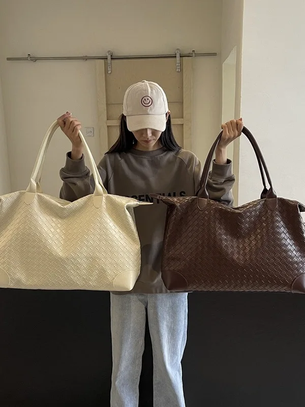 女性用フィットネスバッグ-大容量-旅行-通勤-バスケット織り-ハンドヘルド-シングルショルダーバッグ-軽量トラベルバッグ