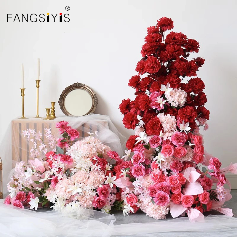 

5D Luxury Red Pink Rose Hydrangea Orchid Wedding Backdrop Arch Decor Floral Arrangement Stage Floor Flower Row Window Display