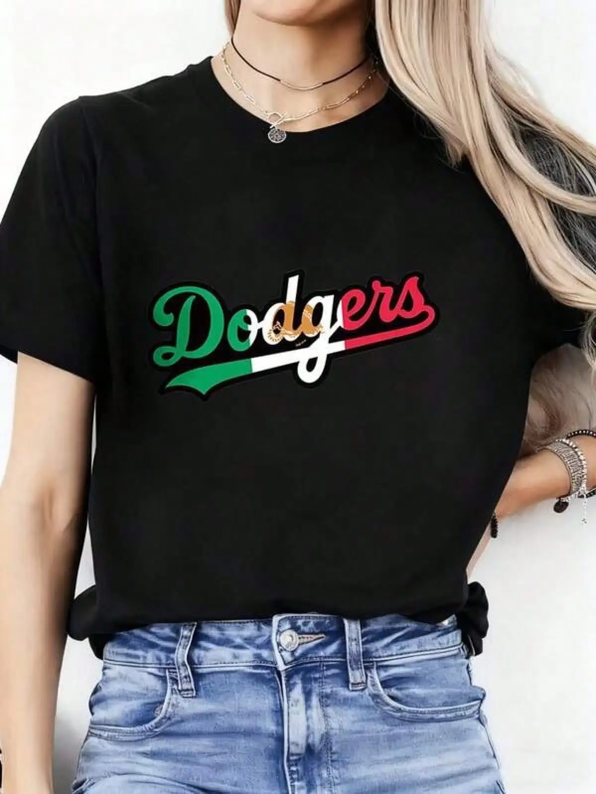 T Shirt Print ,Graphic-Cotton Tees Size Plus,Oversized Casual T-Shirt For Women 100% Cotton Graphic Plus Size T-Shirts, Dodgers With Mexican Flag Design Slogan Print Oversized Short Sleeve For Women Black White Options, Round Neck Fashion Print T-Shirt -