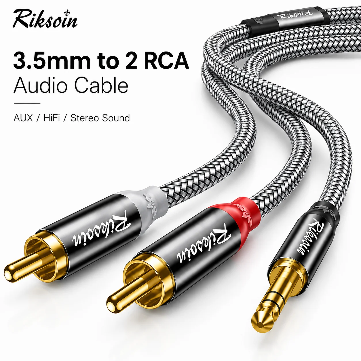 Riksoin 3,5-mm-auf-2-RCA-Audiokabel mit Ferritkernpartikeln, AUX-Splitter für Telefon, PC, Autoradio, Verstärker, Subwoofer