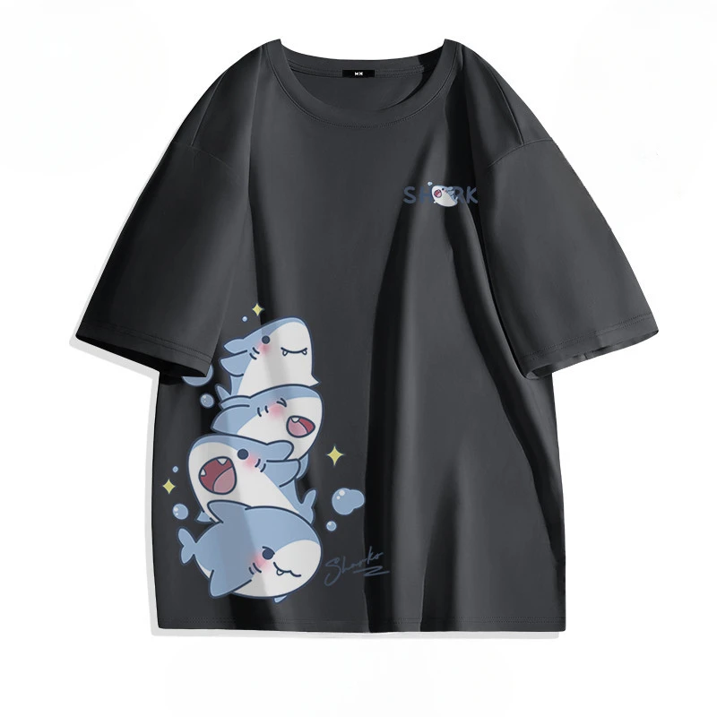 Summer Ice Silk Blue Top Youth Breathable Half Sleeve Large Loose Tee Men's Cute Shark Cartoon Print Short Sleeve T-shirt image 4