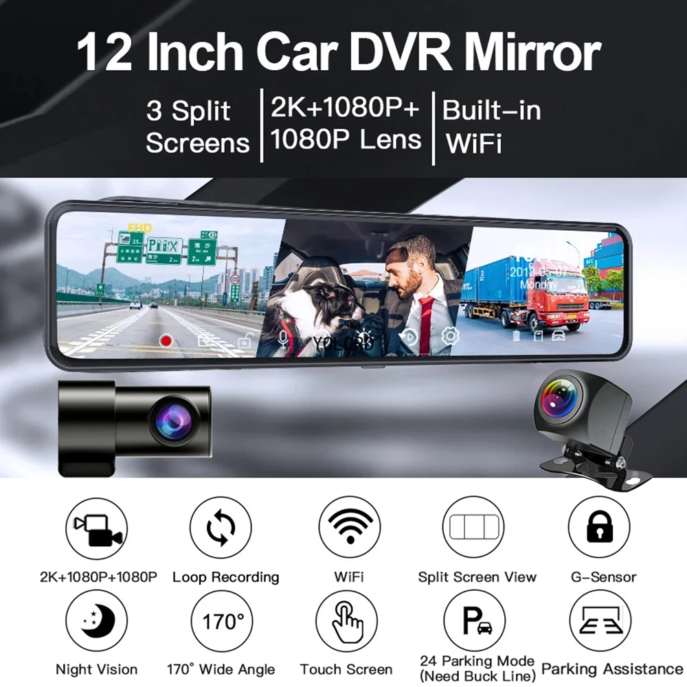 Dash Cam Mirror 12 Inch Touch Screen QHD 2K 3-Lens Video Recorder Rearview Mirror 3 Channel WiFi Car DVR Mirror DVR Black Box