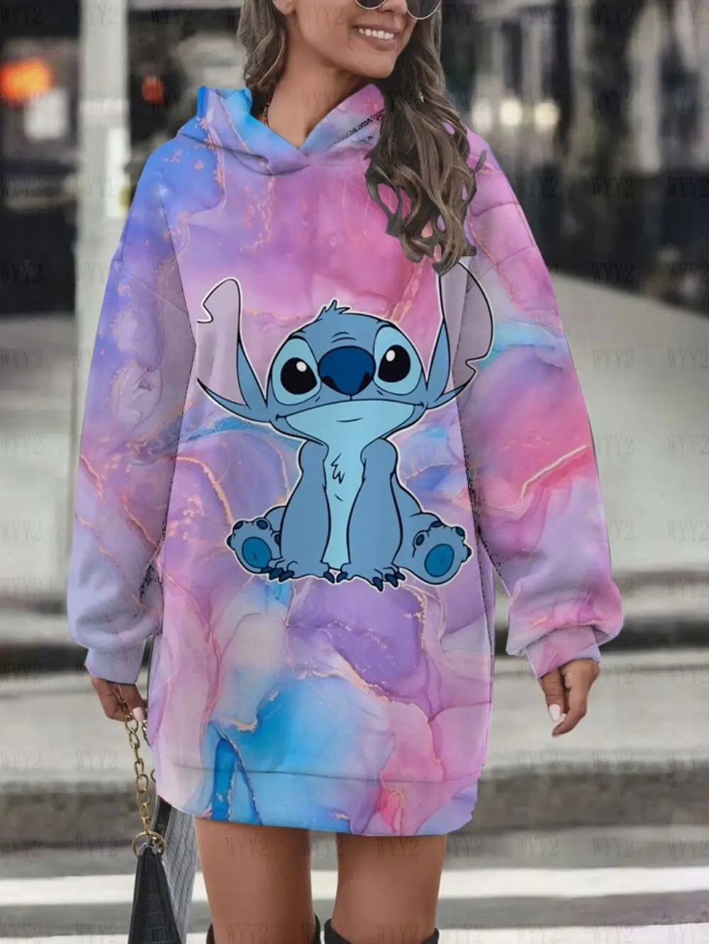 

Women's Simple Autumn and Winter Clothing Disney Stitch Cute Print Sweet Youth Campus Hoodie Dress Long Sleeve Hoodie