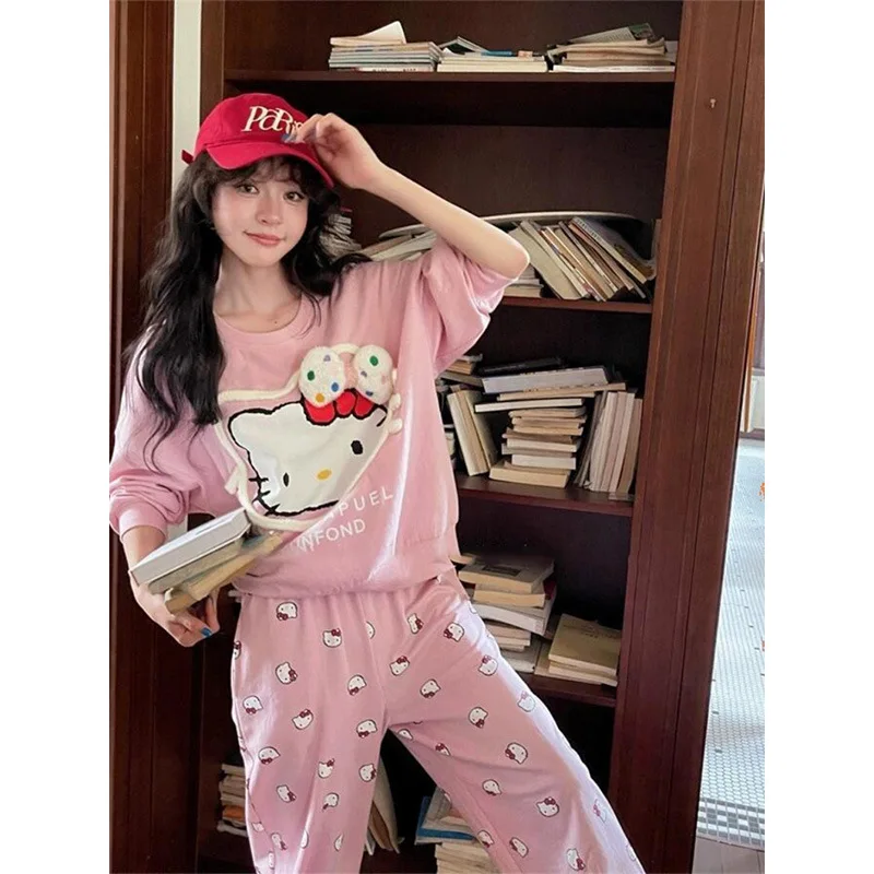 Sanrio cartoon Hello Kitty pajamas spring and autumn new lapel cardigan long-sleeved loungewear two-piece women\'s pajamas