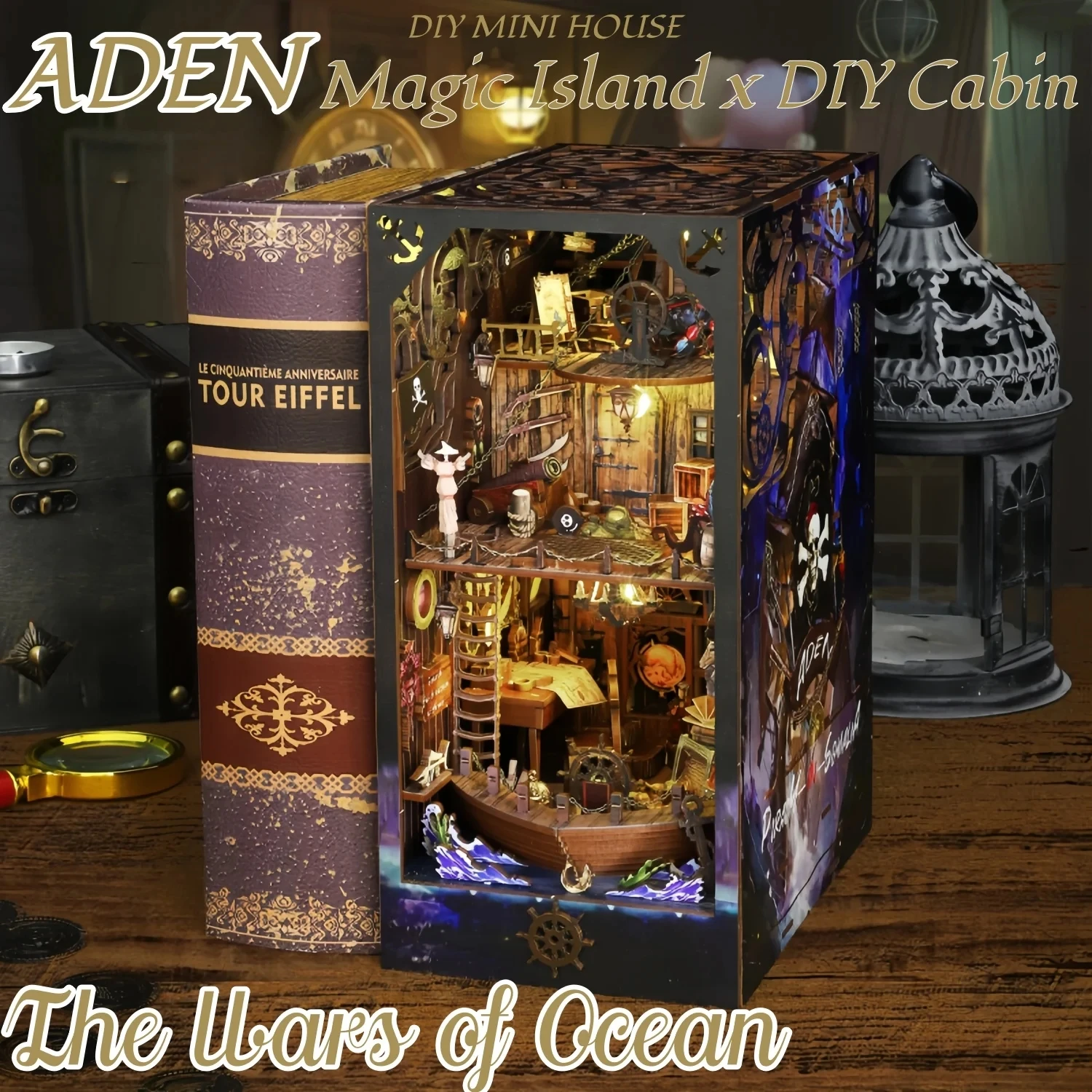 DIY Book Nook Shelf Insert Kit Aden Pirate Ship Bookend Miniature Dollhouse 3D Puzzle Assembly Model for Adults Birthday Gifts