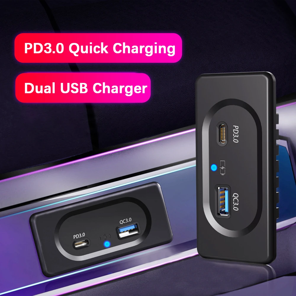 

PD3.0 Type-C Port Adapter LED Light Quick Charge Panel Wall Mount Dual USB Charger Outlet 12/24V