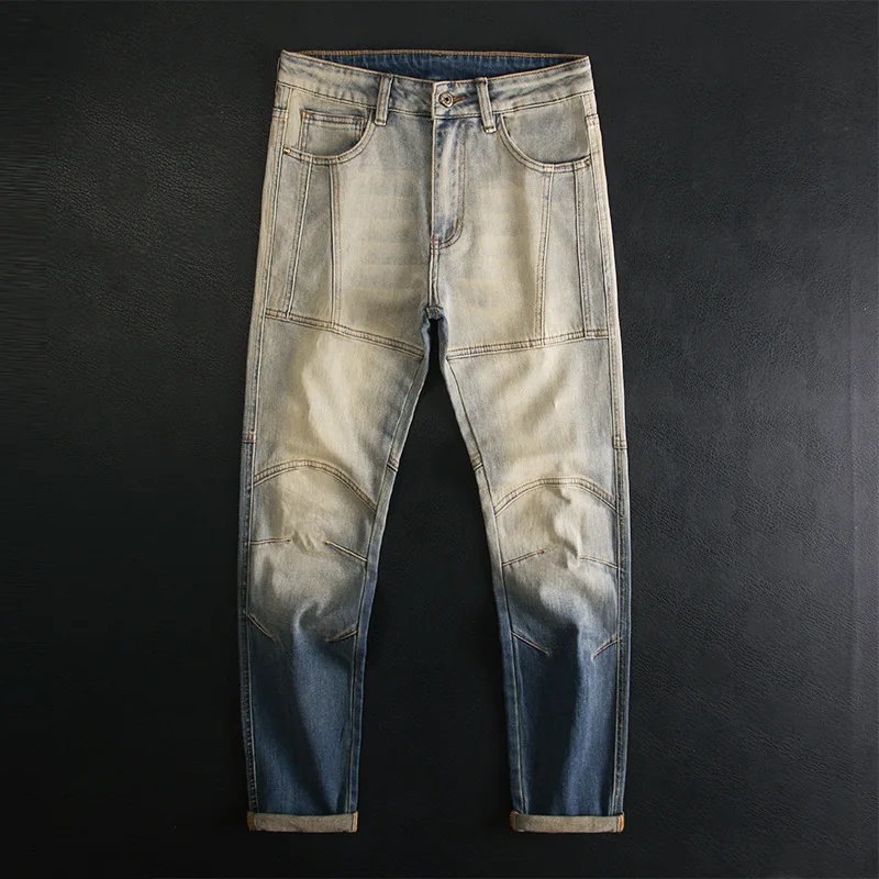 

Retro spliced motorcycle jeans men's trendy brand slim fit small feet fashionable gradient denim pants