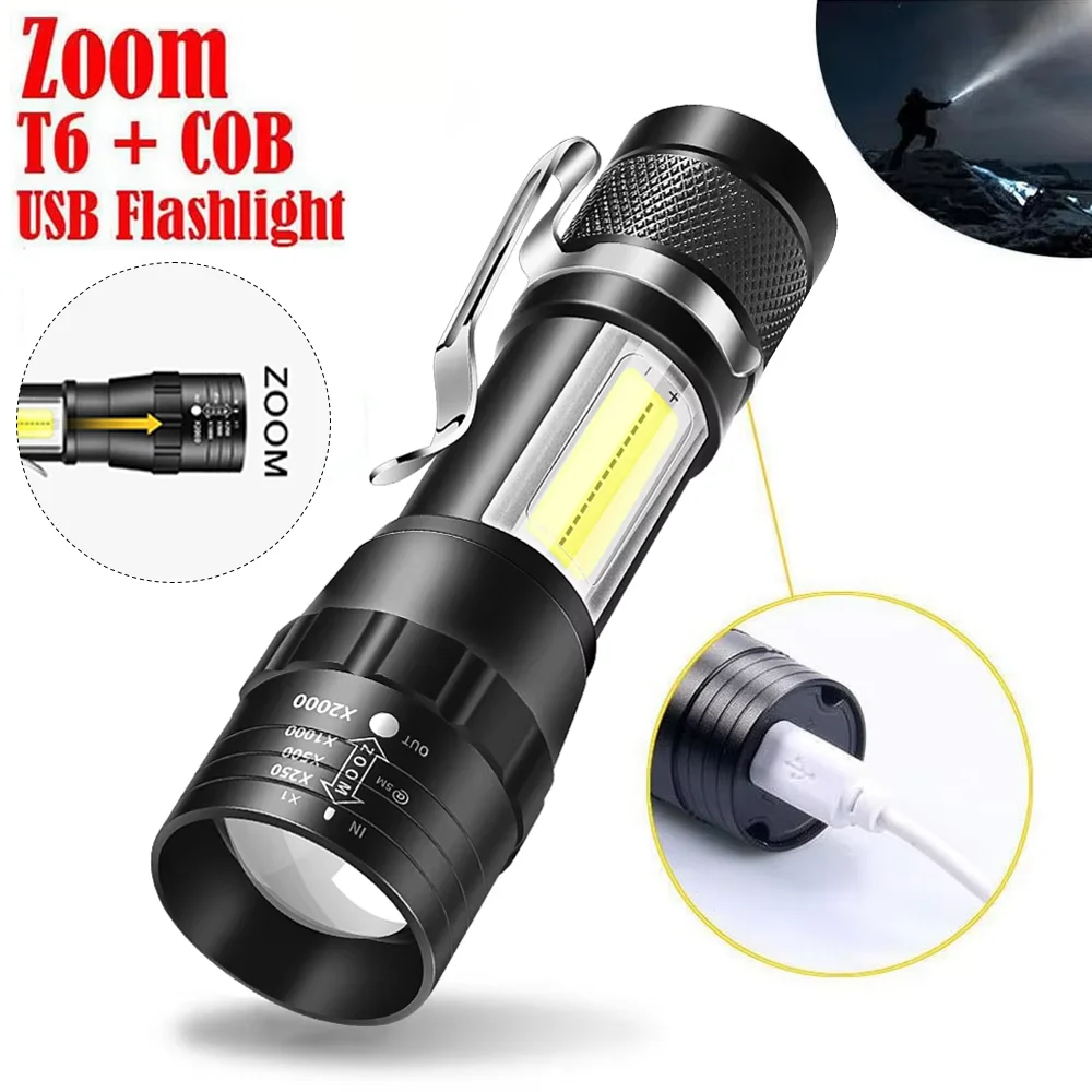Mini LED Tactical Flashlight USB Rechargeable Torch with Built-in Battery Outdoor Waterproof Zoomable Lamp with COB Side Light