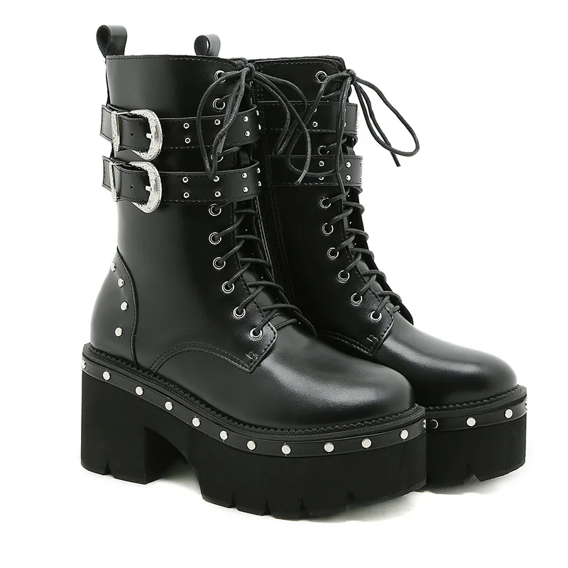 Winter Gothic Punk Womens Platform Boots Black Buckle Patent leather Creeper Wedges Shoes Mid Calf  Boots