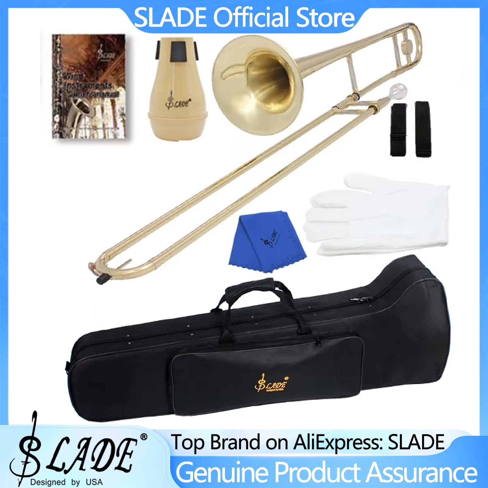 Trombón alto SLADE Bb, trombón chapado en latón dorado con boquilla, guantes, kit de limpieza, para principiantes y estudiantes