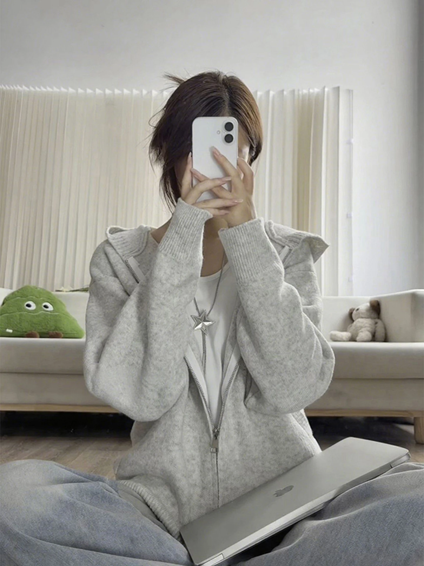 

Американский свободный вязаный кардиган-свитер с капюшоном, осенняя повседневная одежда, дышащий полиэстер, длинный рукав