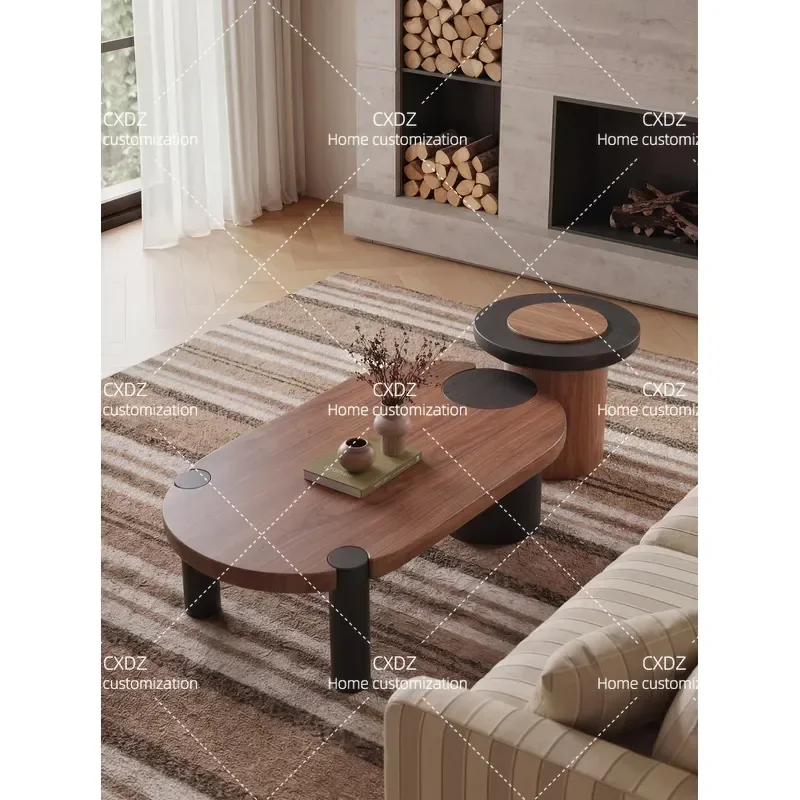 Medieval Style Oval Coffee Table Set Walnut Color Wabi Sabi Light Luxury High End Living Room Home Furniture Combination