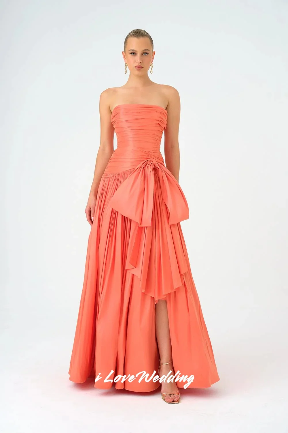 

Orange Strapless Prom Dresses 2025 Sleeveless Backless A-Line Pleated Floor-Length Bow Dresses For Special Occasions Customized