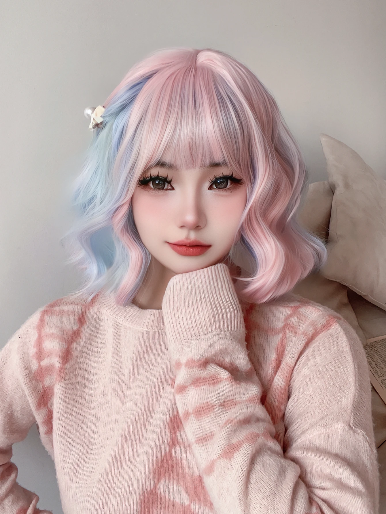 Perucas sintéticas com Franja para mulheres, cor Lolita azul e rosa, cabelo curto ondulado natural, cosplay, resistente ao calor, 12 pol