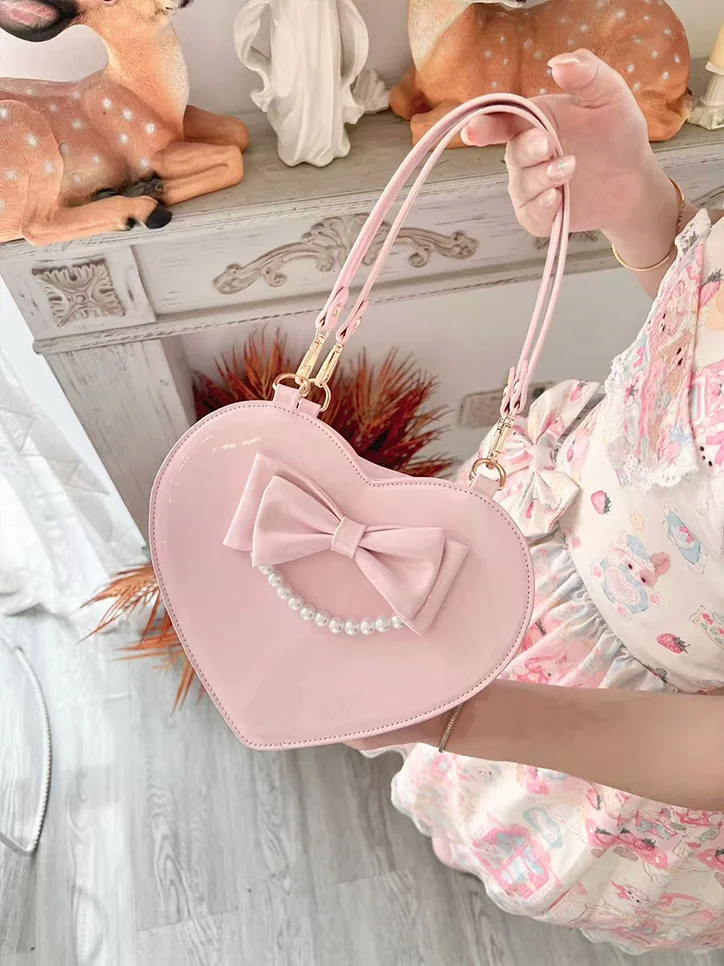 Japanese Sweet Cute Heart-shaped Lolita Bow Handbag for Women's Daily Lo Bag Love Single Shoulder Oblique Span Bags for Female