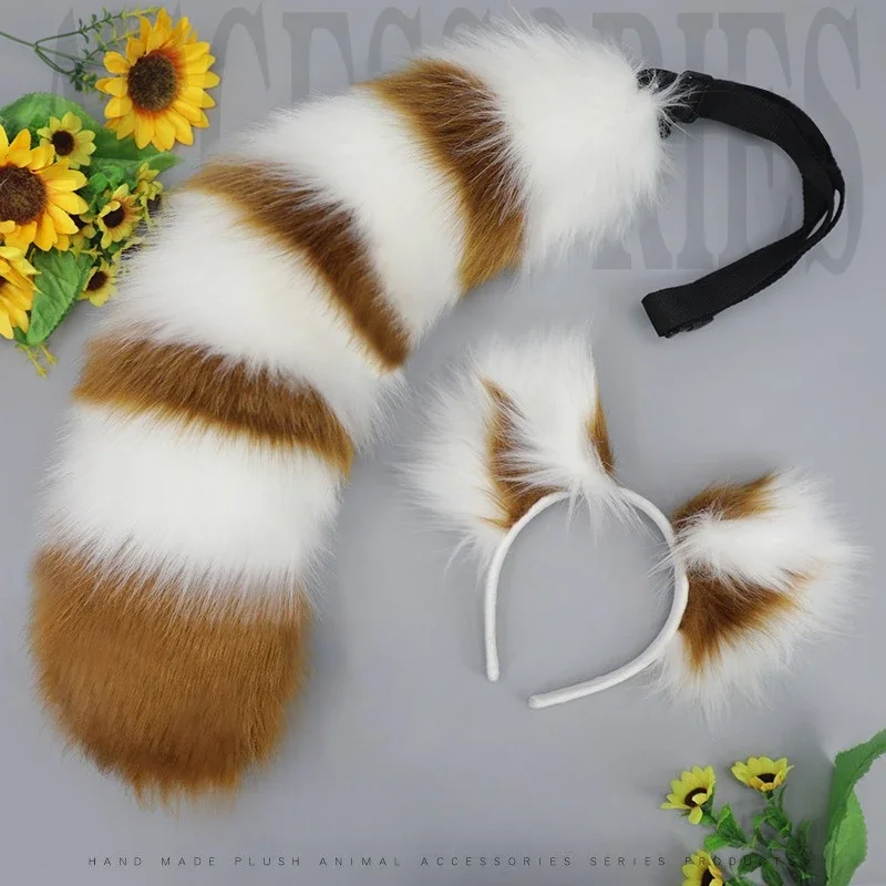 

Anime Cosplay Raccoon Ears &Tail Set Fluffy Animal Ear Headband Realistic Faux Fur Paw Tail Costume Accessories for Conventions