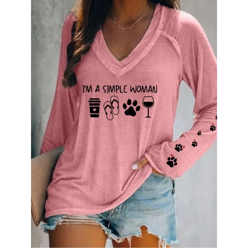 ilstile Damen-T-Shirts mit Hundepfotenmuster, Sommer, lässig, locker, langärmelig, V-Ausschnitt, Schwarz, Blau, Grau, T-Shirt, heißer Verkauf