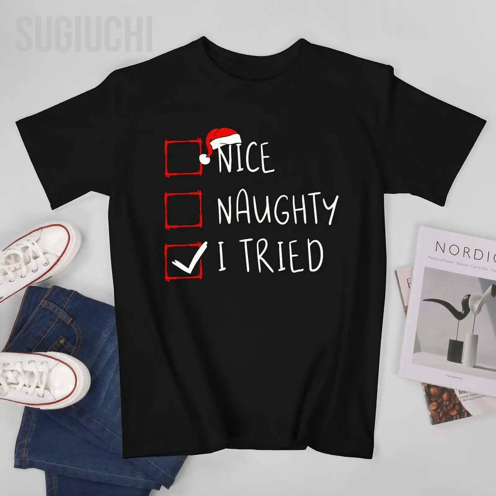 Unisex Men Nice Naughty I Tried Christmas List Xmas Santa Claus Tshirt Tees T Shirts Women Boys 100% Cotton T-Shirt