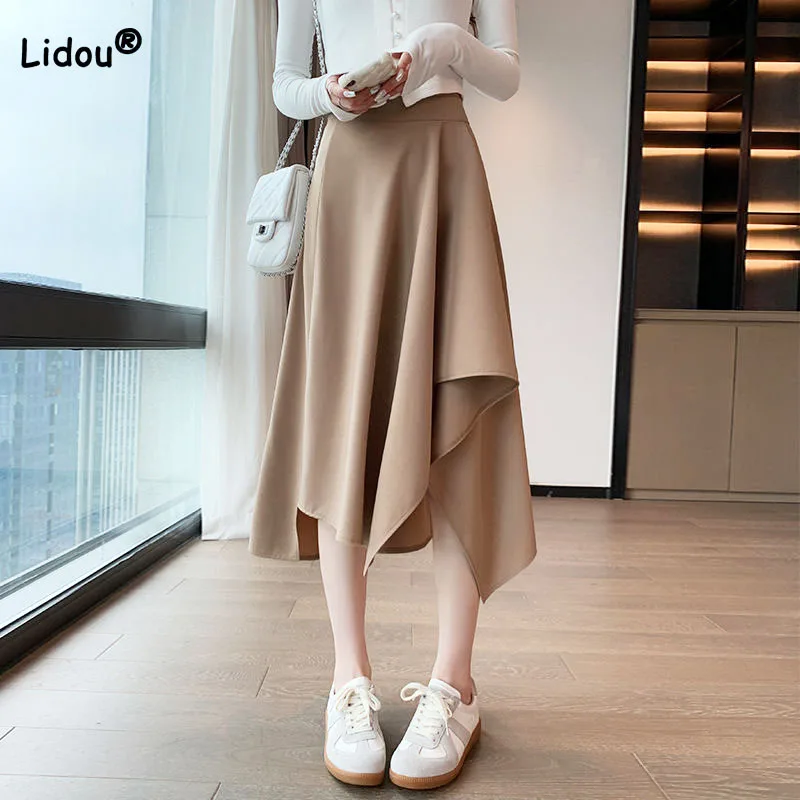 Fashion All-match Solid Color Irregular Midi Skirts Summer 2023 New Women's Clothing Korean Simplicity High Waist A-Line Skirt