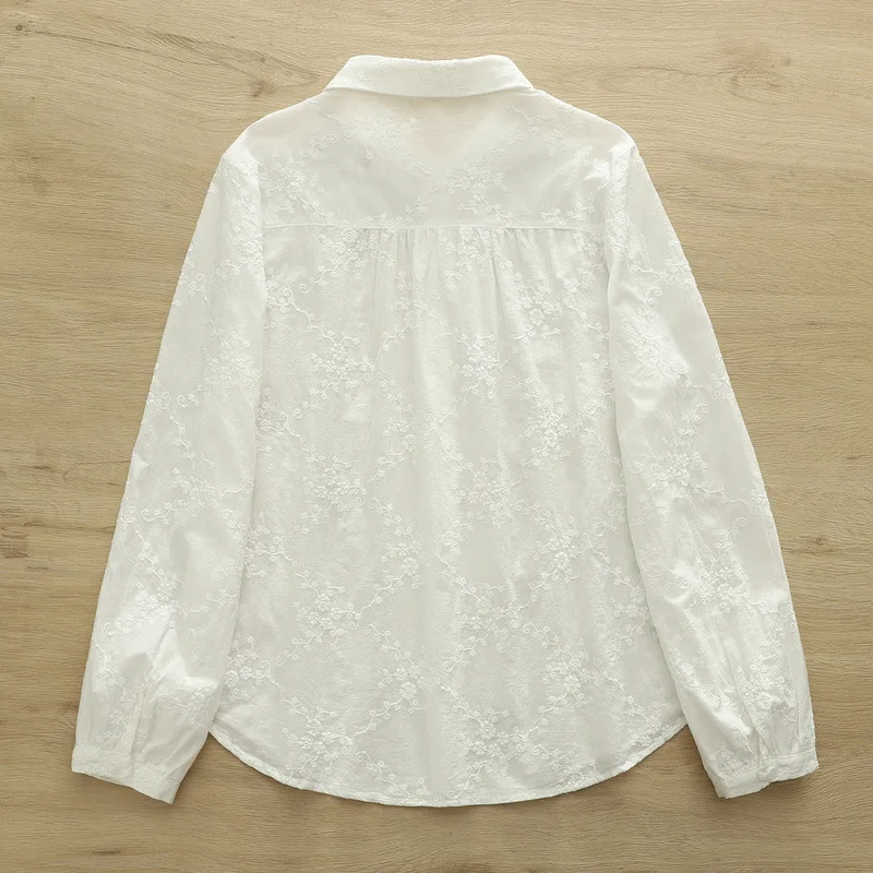 جديد 2025 الخريف قميص قطني بكم طويل ، المرأة بدوره إلى أسفل طوق التطريز ، موري فتاة تنوعا بلوزة فضفاضة غير رسمية T58849CC