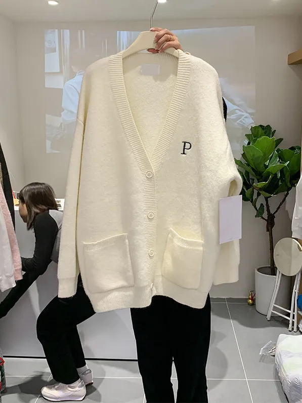 

Casual Loose V-Ne Knitted Sweater Cardigan Women's Pink Sweet Leisure Faion Autumn Winter Design Sense Open Front Top