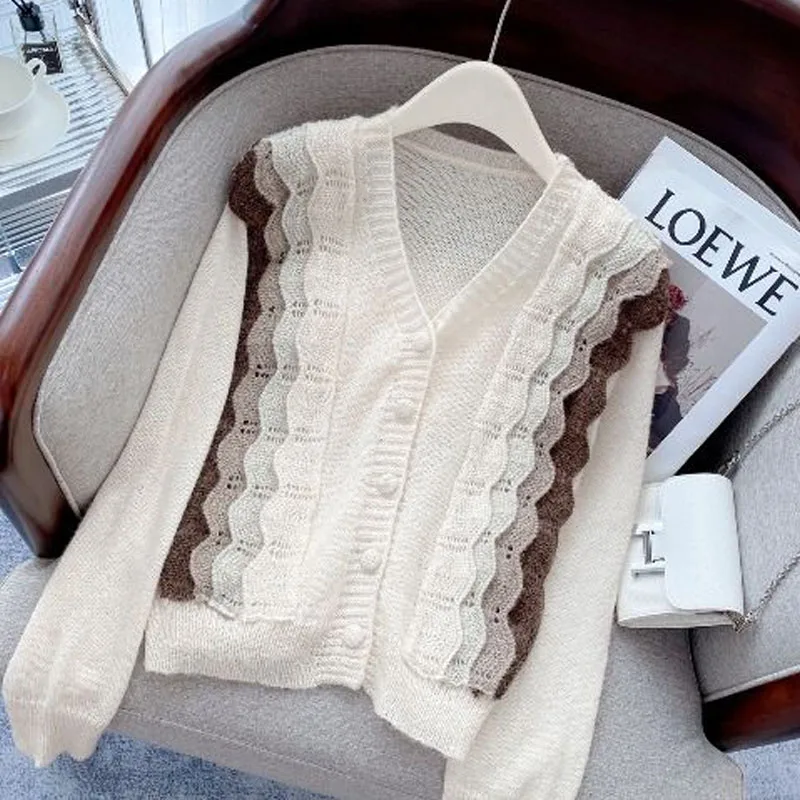 Fashion Korean Contrast Color Long Sleeve Sweaters Women\'s Clothing Autumn Winter Sweet V-Neck Spliced Knitted Cardigan Female