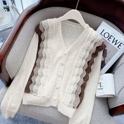 Fashion Korean Contrast Color Long Sleeve Sweaters Women's Clothing Autumn Winter Sweet V-Neck Spliced Knitted Cardigan Female