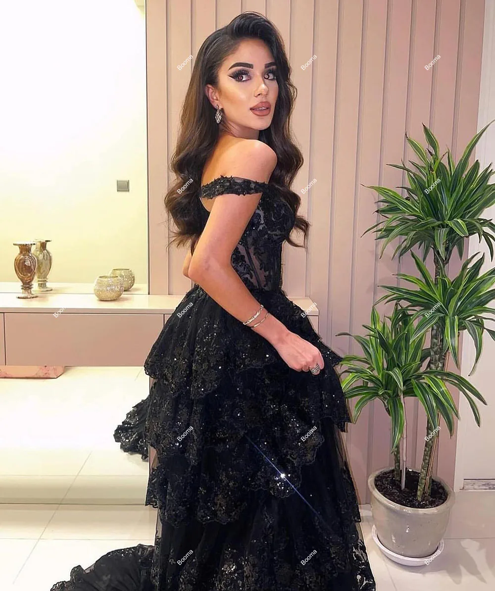 Booma Black Shiny Prom Dresses Off Shoulder Tiered Wedding Party Dress High Side Slit Evening Gown A-Line Long Celebration Dress