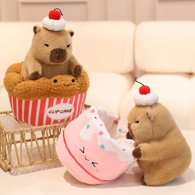 Cute Capybara in Cup Cake Plushie Small Capibara Hiding in Toast Croissant Pineapple Bun Food Snack PLush Toys for Kids Birthday