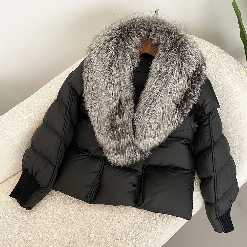 Moda 2024 chaqueta de invierno para mujer, abrigo de plumas de pato blanco con cuello de piel de zorro y mapache Real Natural, ropa de calle gruesa y cálida, prendas de vestir exteriores informales