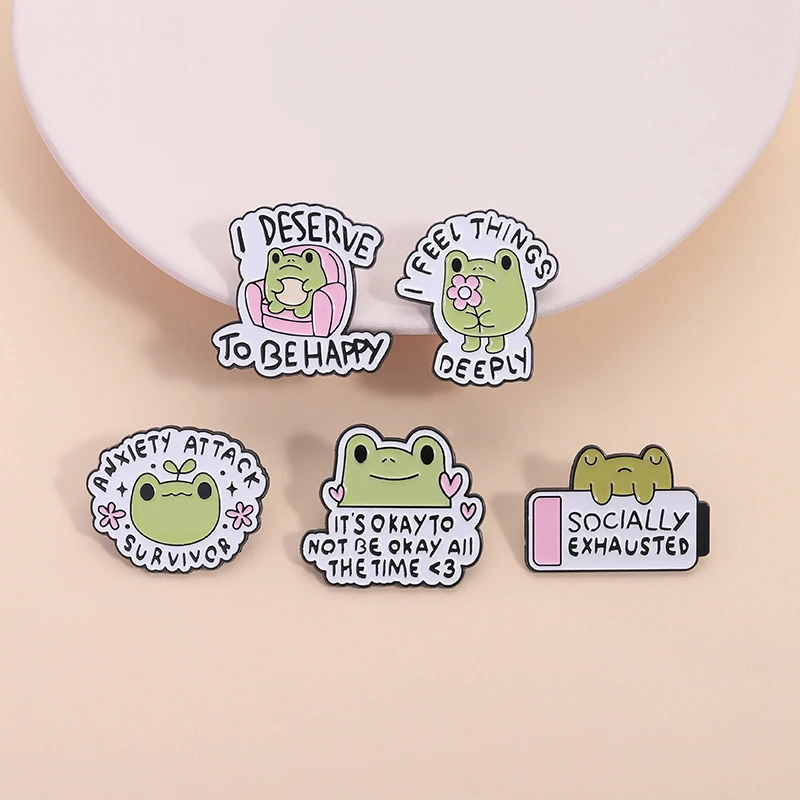 أستحق أن أكون سعيدا المينا دبوس الصحة العقلية حسنًا أن أكون على ما يرام طوال الوقت لطيف الضفدع دبابيس شارة التلبيب مجوهرات هدية #3