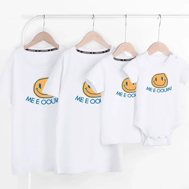 Family Outfits Father Mother Boys Girls Matching Clothes Smile Face Style Short Sleeve Cotton Tees Casual T-shirt Costume Tops