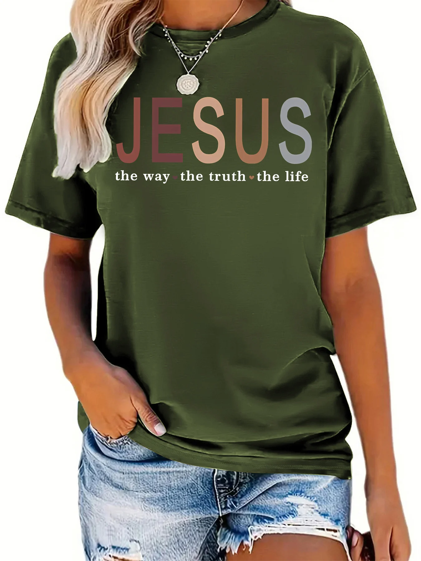 Jesus The Way The Truth The Life Print T-shirt, Casual Short Sleeve Crew Neck Fashion Summer T-Shirts Tops, Women\'s Clothing