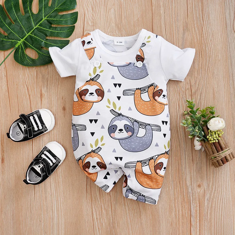 Summer Boys and Girls Cute Cartoon Sloth Comfortable Casual Short Sleeve Round Neck Baby Bodysuit