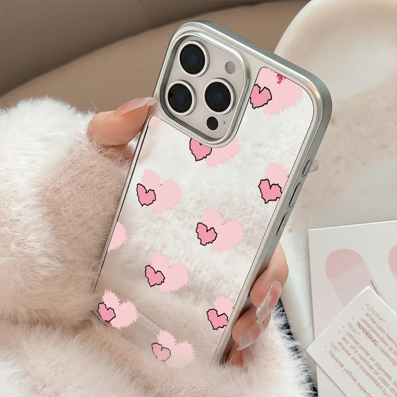 INS Koreanische Einfache Rosa herz Spiegel Nette Telefon Fall Für iPhone 17 Air 16 15 Pro Max 14 13 12 11 plus Y2K Abdeckung