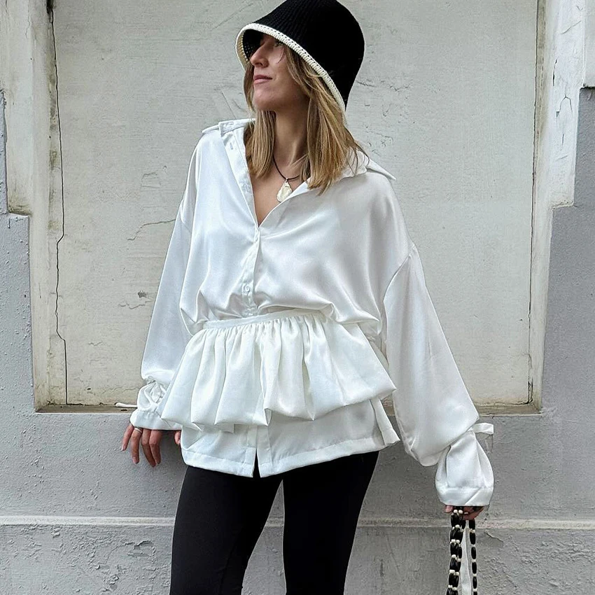 

Linad Elegant White Satin Flare Sleeve Blouse Woman 2025 Street Chic Layered Single-Breasted Shirts Autumn Casual Lapel Tops