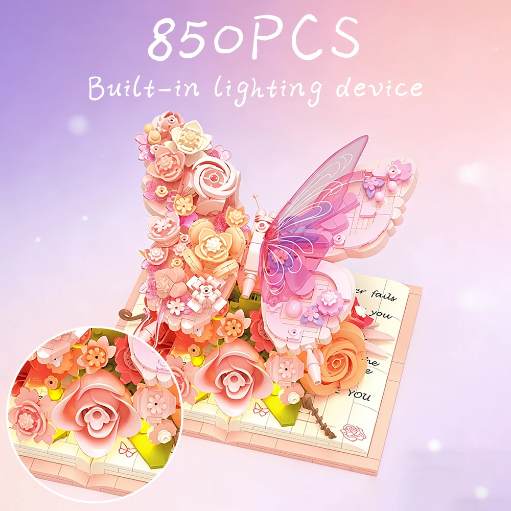 Nuevo libro de rompecabezas 3D, modelo de ramo de mariposas, conjunto romántico DIY, regalo de cumpleaños para niñas, niños, 850 Uds., dispositivo de iluminación, bloques de construcción