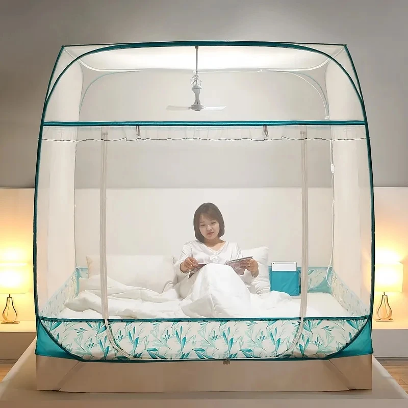 Pastoral Style Free-install Three Door Mongolian Yurt Double Bed Larg Mosquito Net Zipper Integrated Baby Anti-drop Mosquito Net