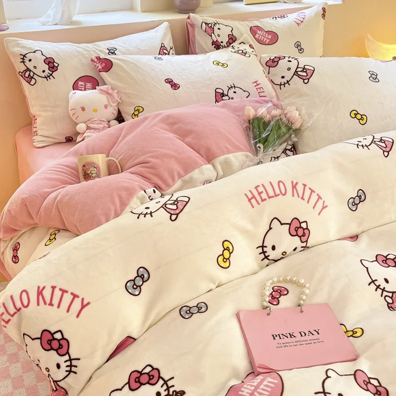 2024 New Sanrio Cartoon Thickened Hello Kitty Milk Velvet Bed Four-piece Set Winter Kuromi Flannel Quilt Cover Dormitory Home