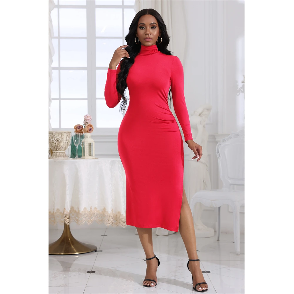 Spring Autumn Women's Pullover Turtleneck Long Sleeve Solid Color Sexy Split Slim Fit Bodycon Elegant Fashion Casual Dresses